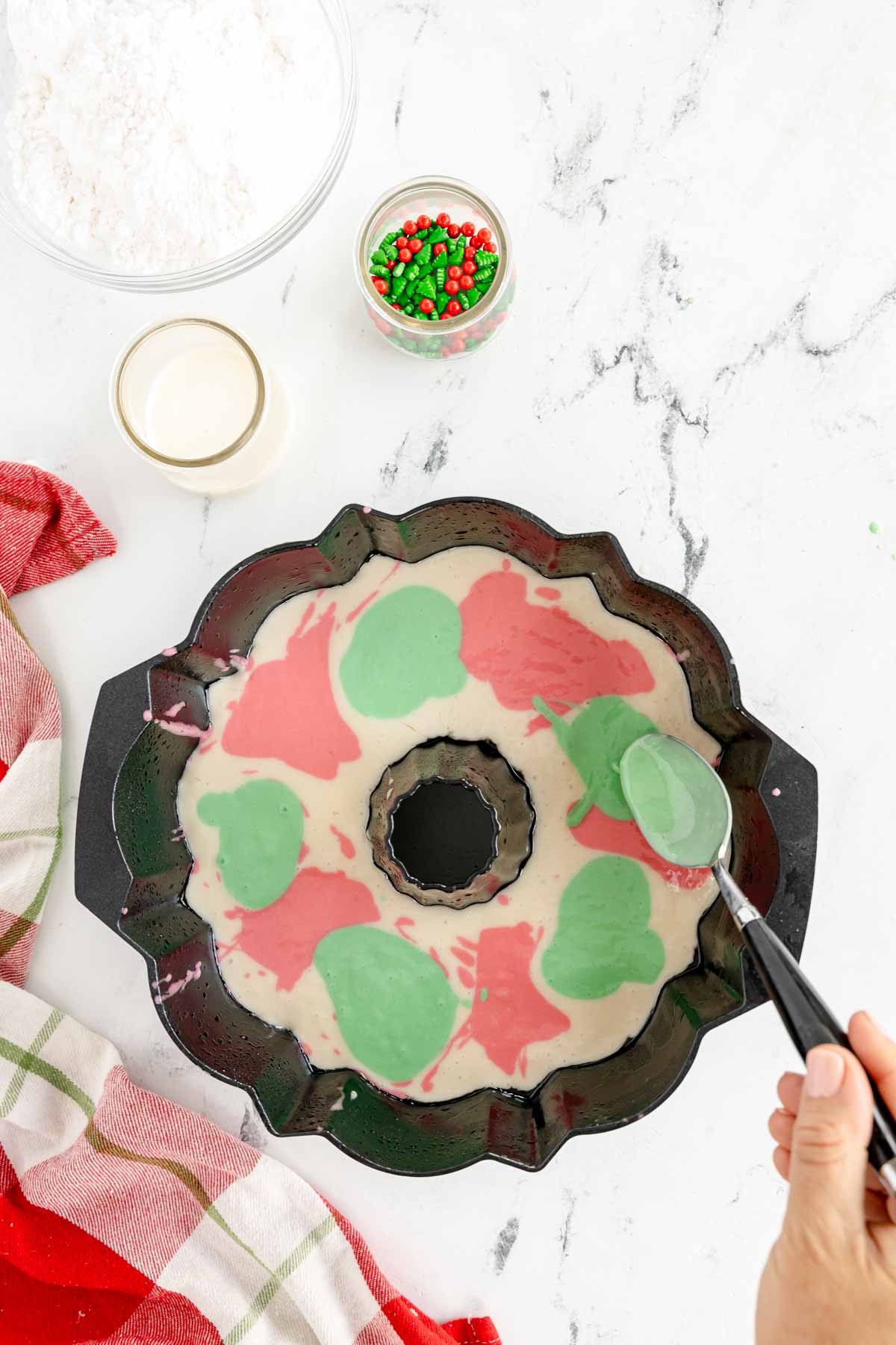 Christmas bundt cake batter in a cake pan