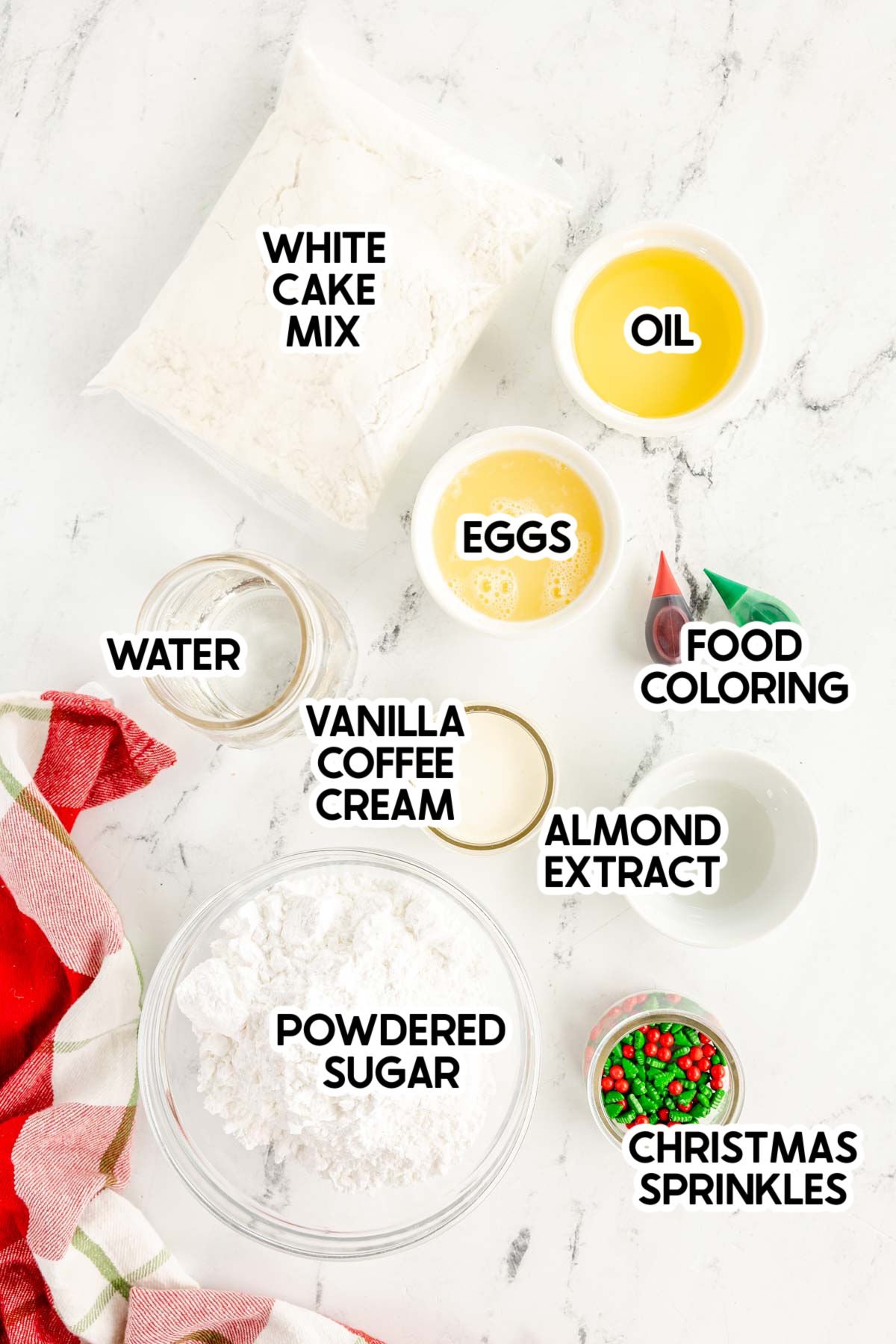 ingredients in a Christmas bundt cake with labels