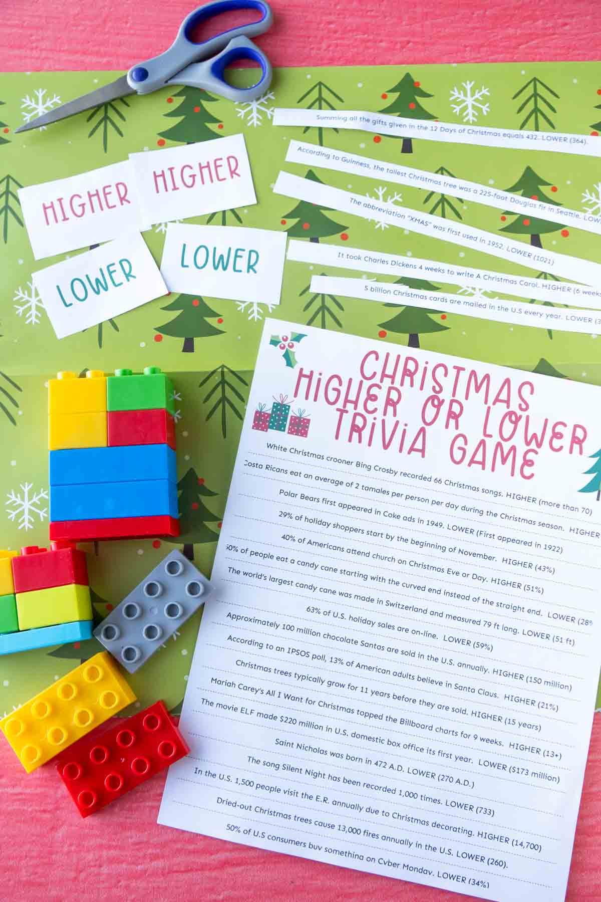 Christmas trivia game and some Duplos and scissors