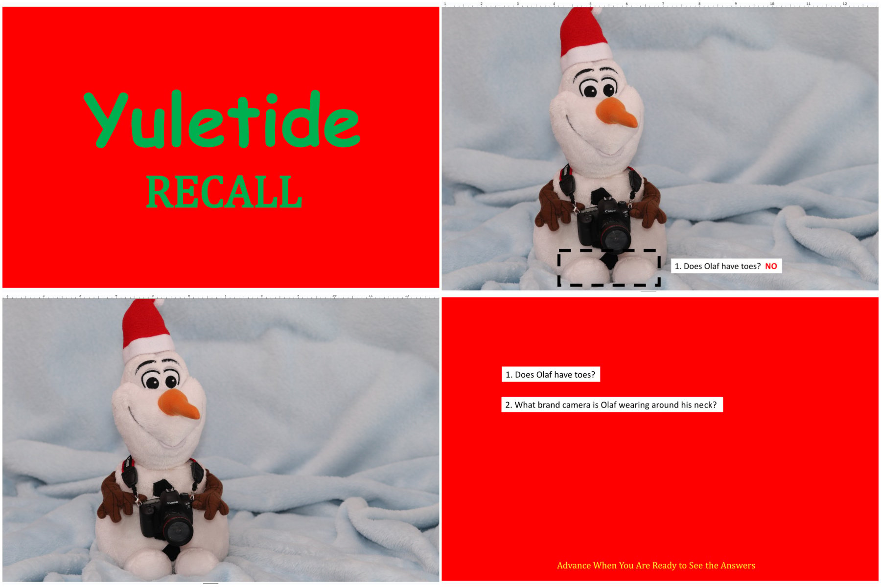 a collage of four images showing a Christmas recall game