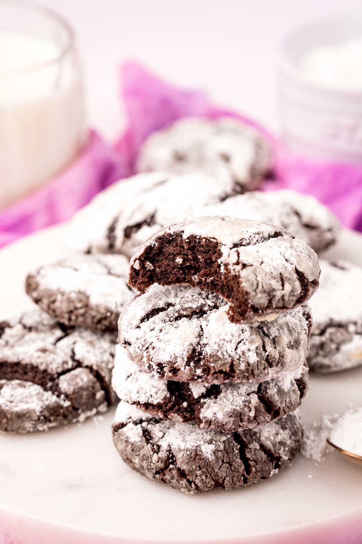 stacks of chocolate crinkle cookies