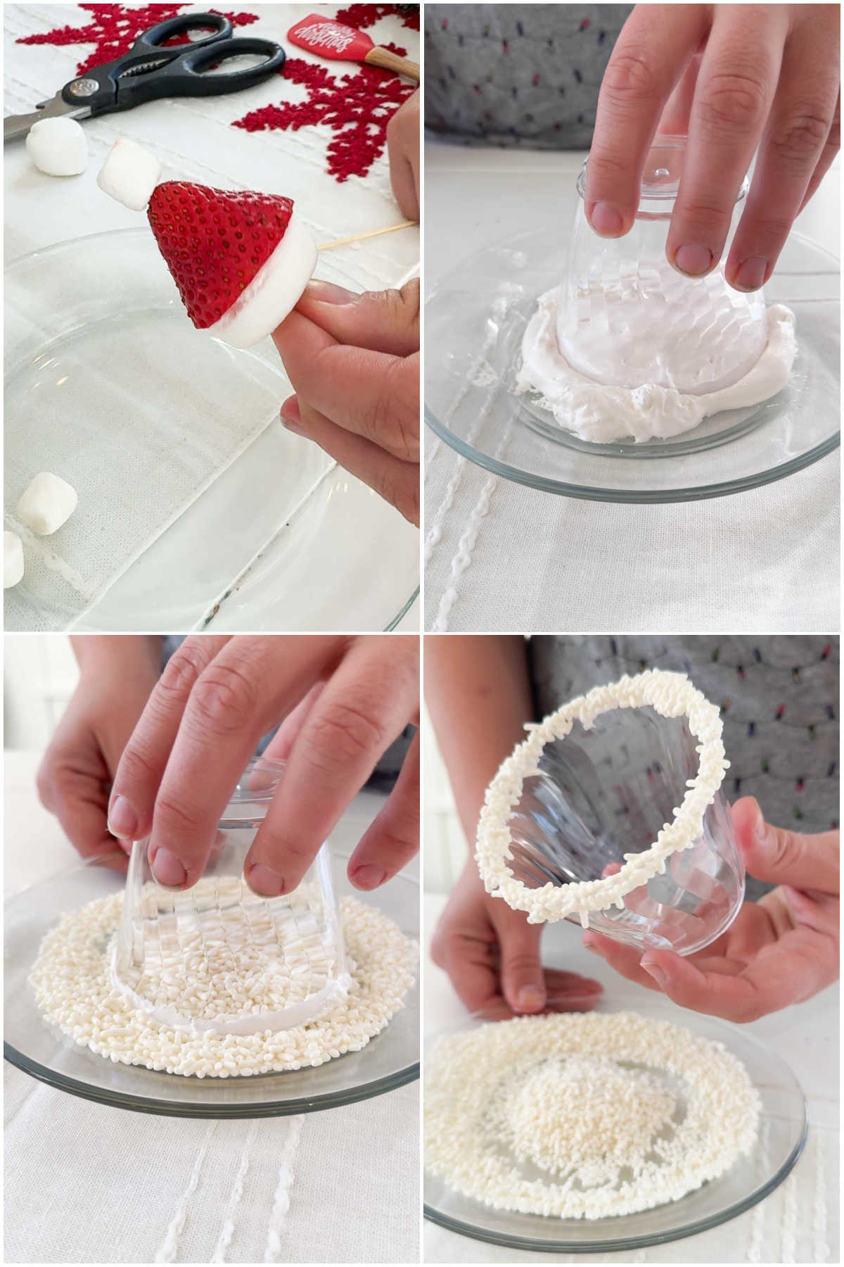 four images showing how to add a marshmallow rim to a glass