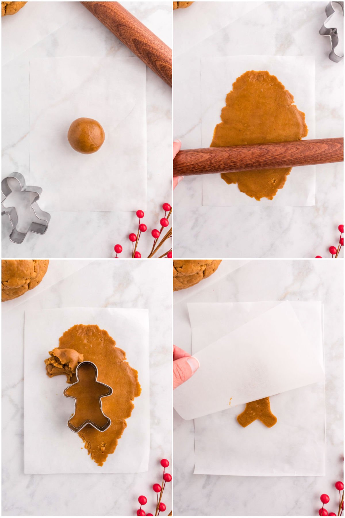 four images showing the process of rolling out gingerbread cookie dough