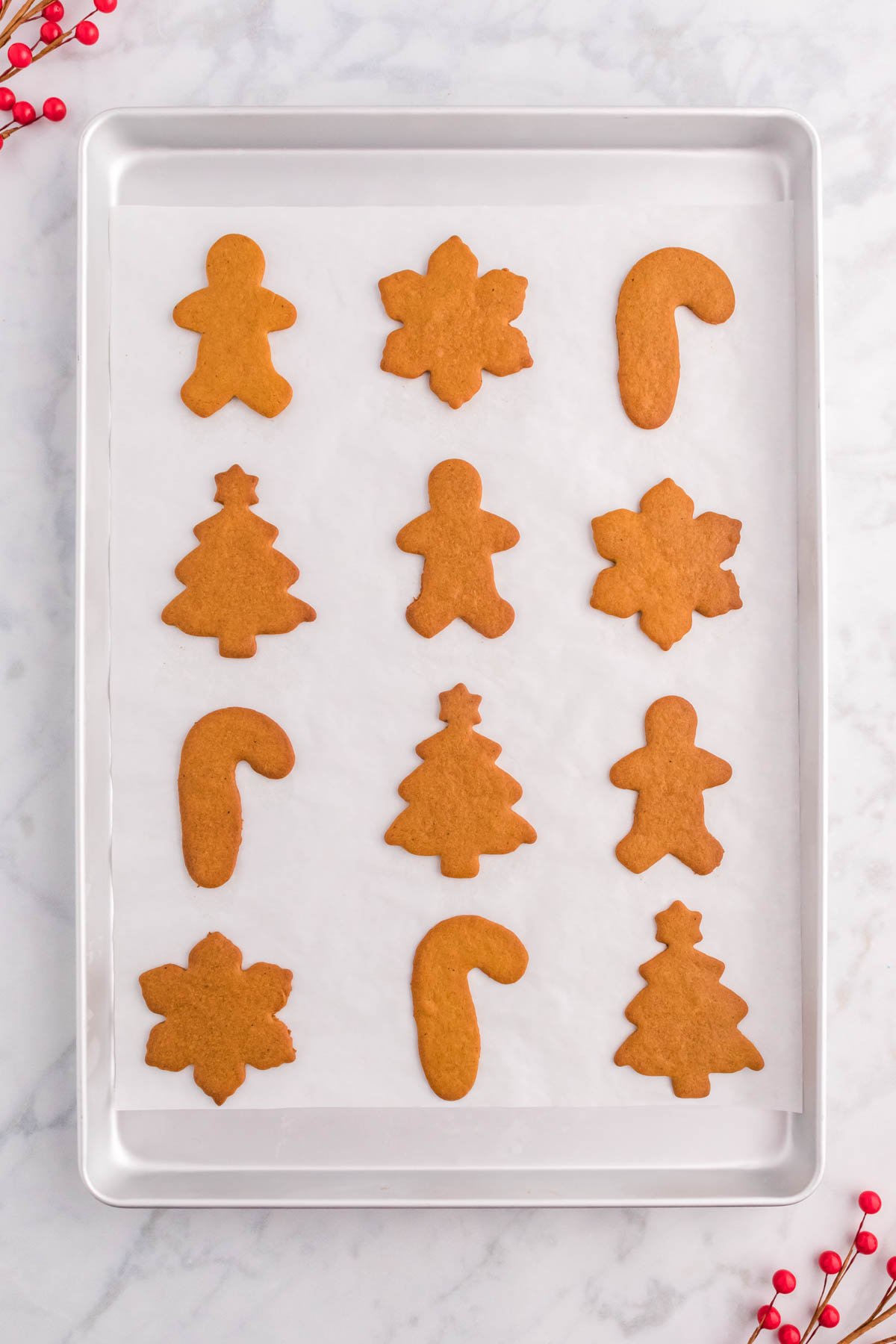 baked gingerbread cookies on a baking sheet