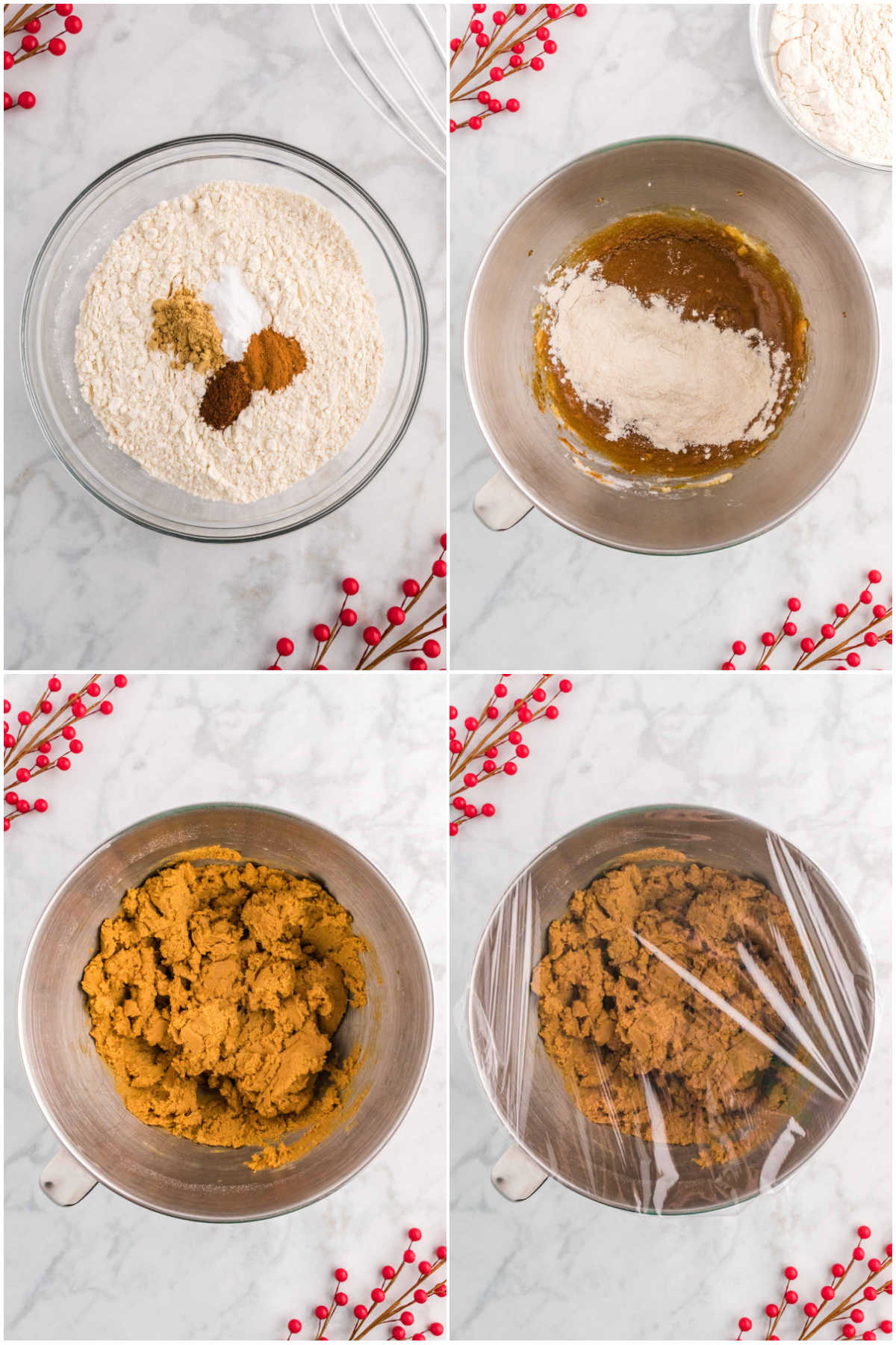 four images showing making gingerbread cookie dough