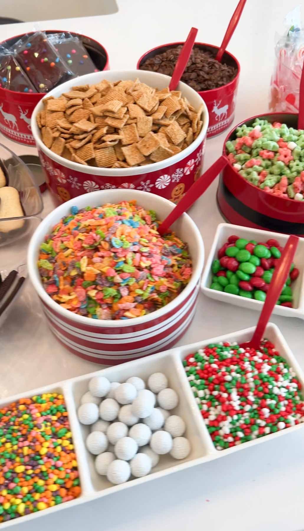 bowls full of Christmas candies and cereals