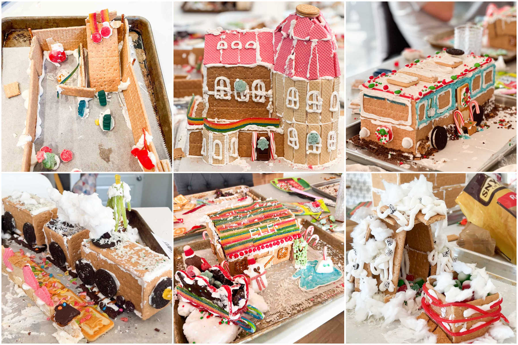 six images of gingerbread houses inspired by popular Christmas movies