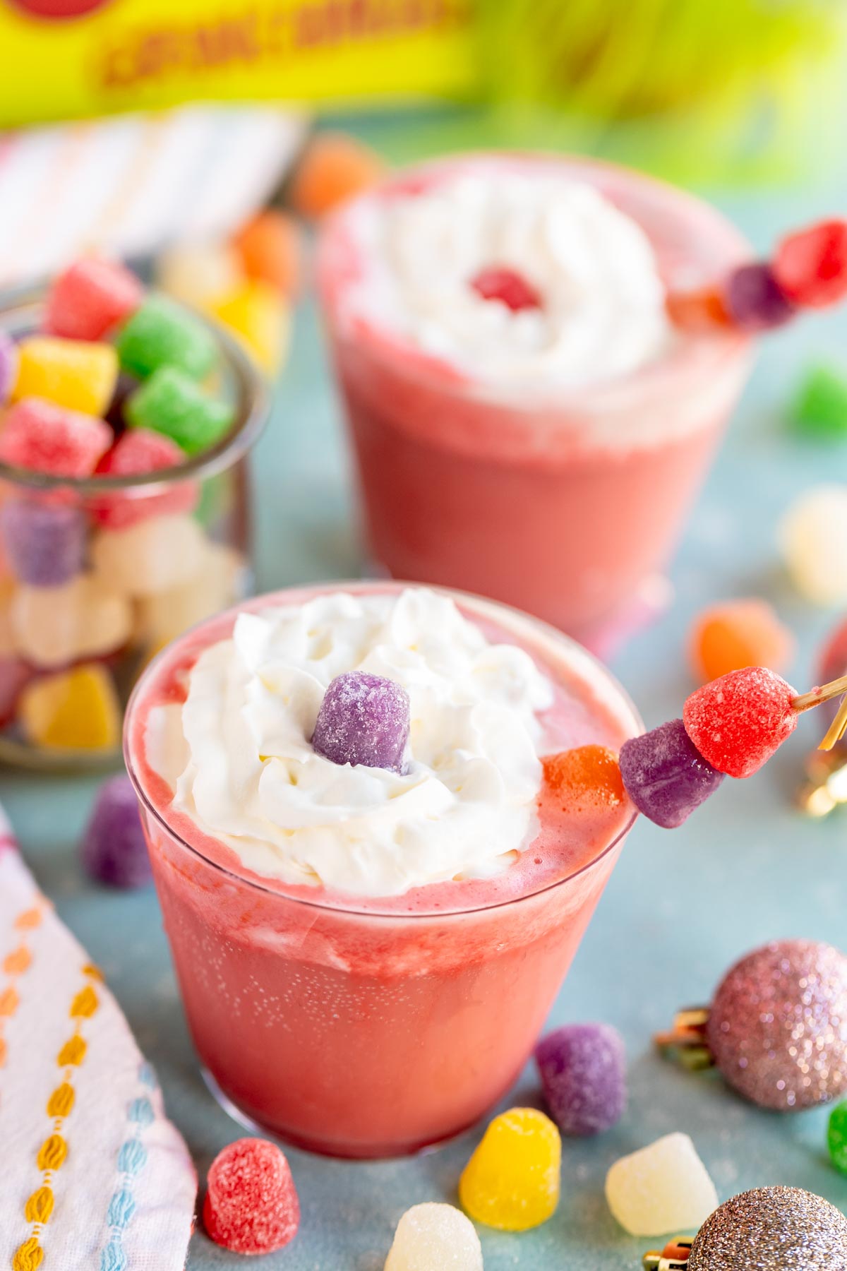 Christmas gumdrop punch with whipped cream on top