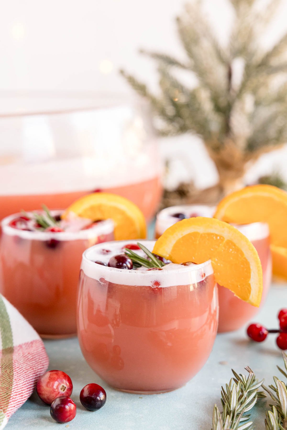 glasses of raspberry sherbet punch surrounded by cranberries