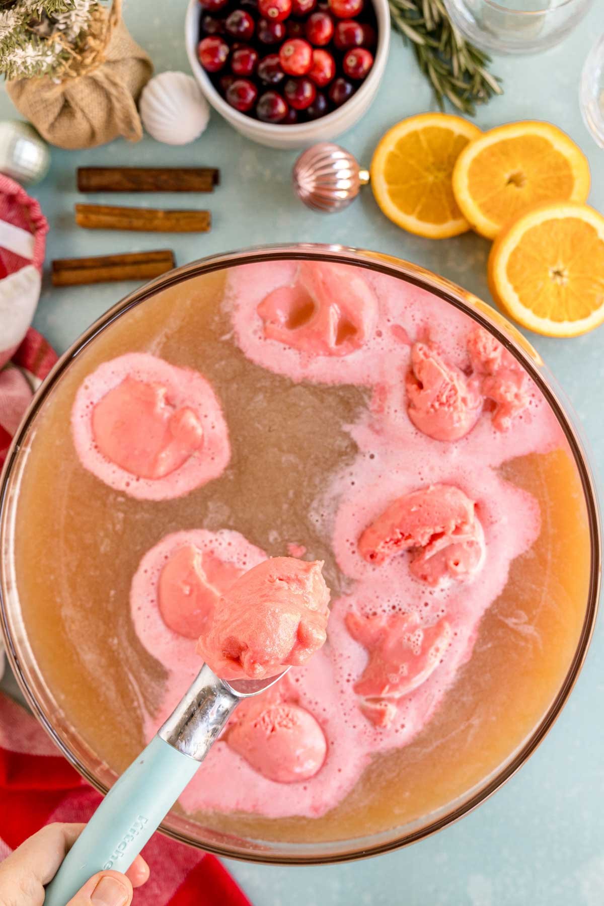 adding raspberry sherbet to a holiday punch