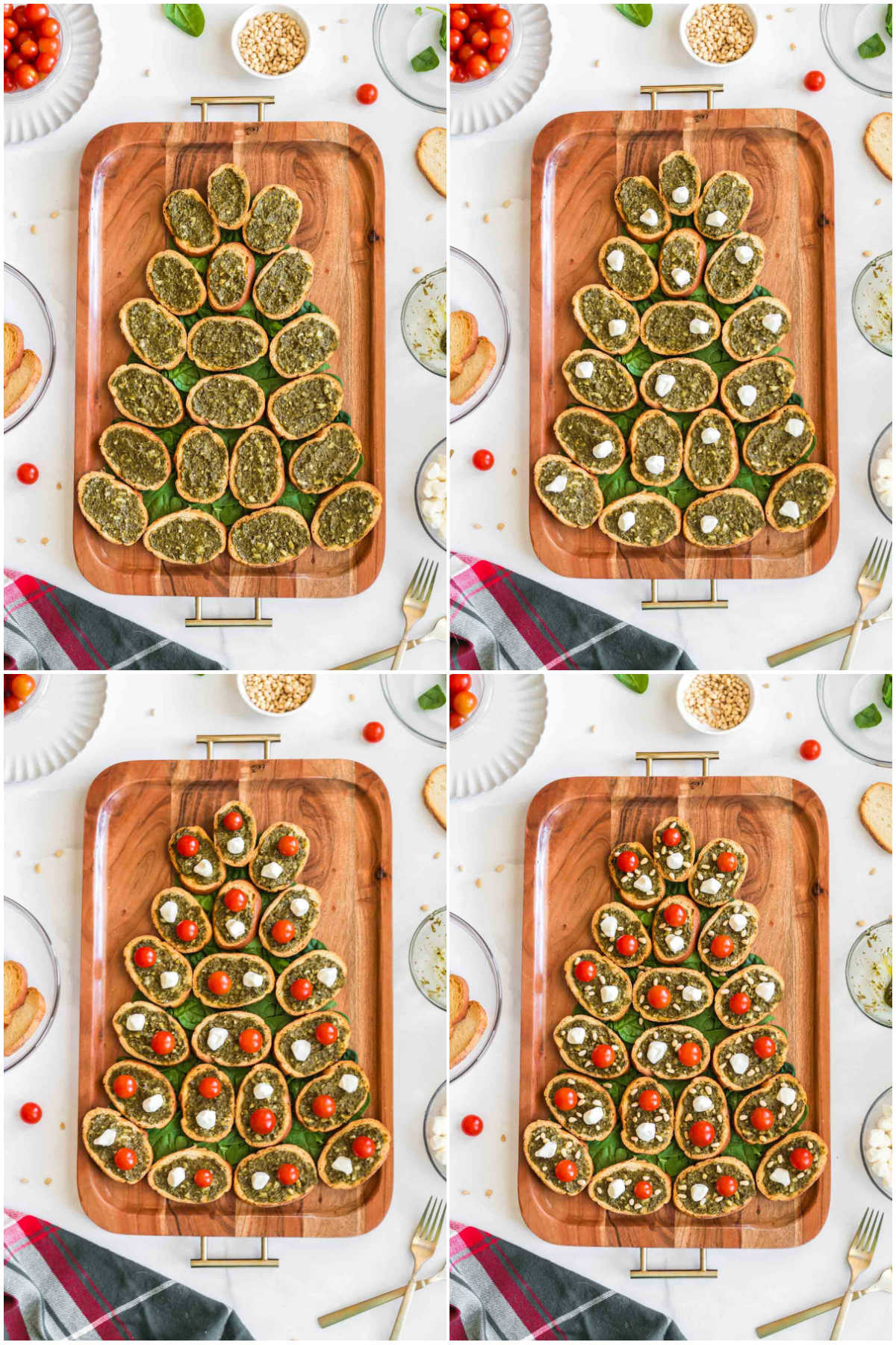 four images showing step by step process of adding pesto, cheese, an tomatoes to pesto crostinis