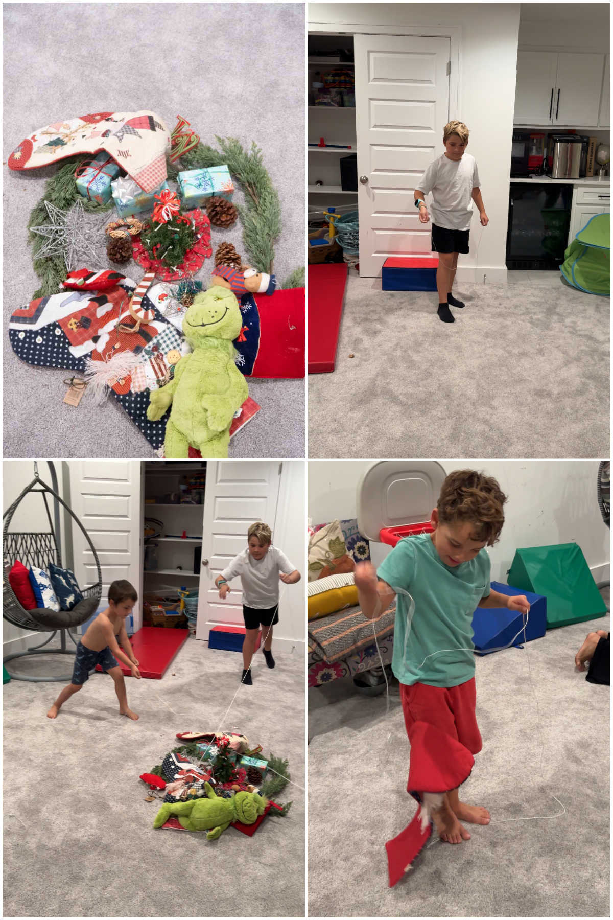 four images showing kids trying to hook christmas items