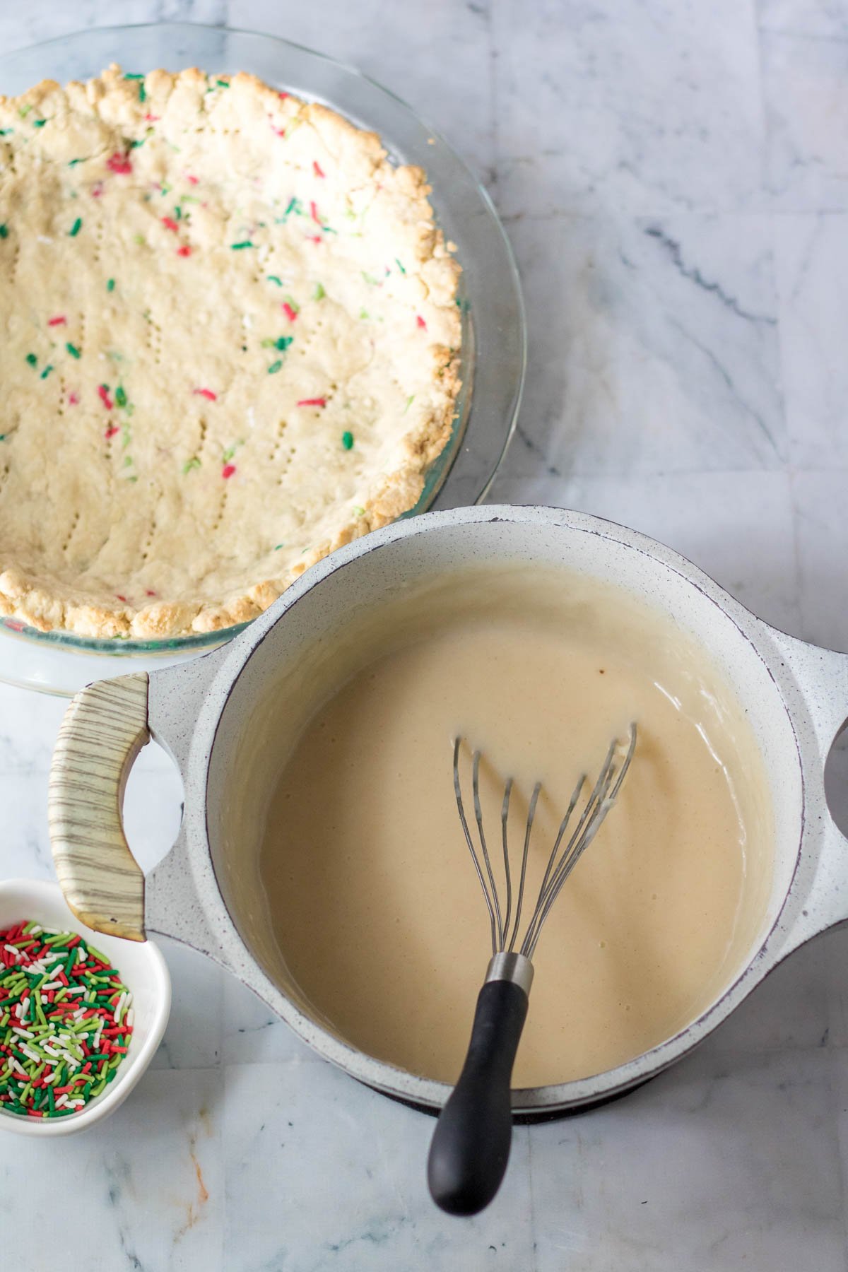 sugar cream pie filling in a white pot