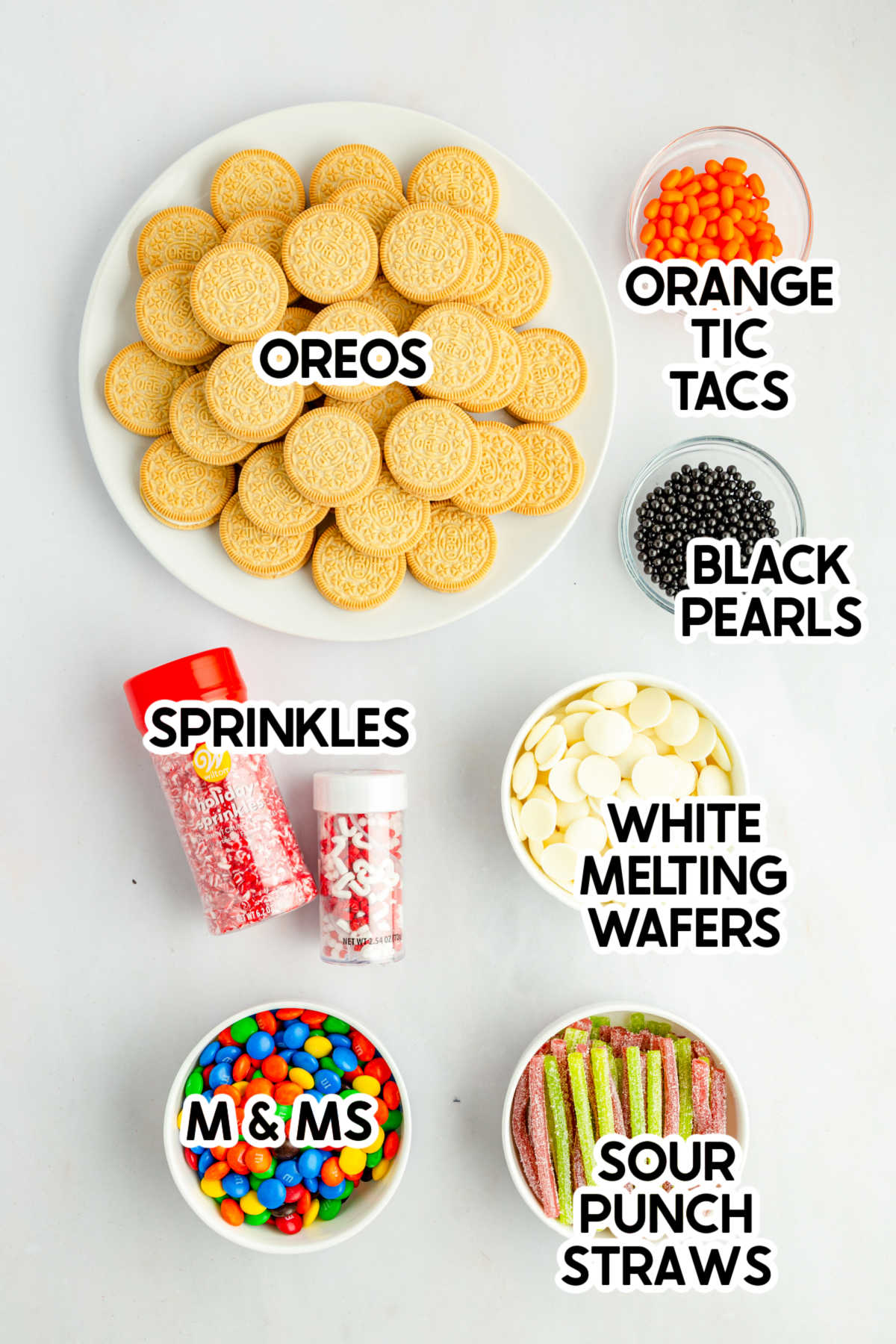 ingredients to make oreo snowmen with labels