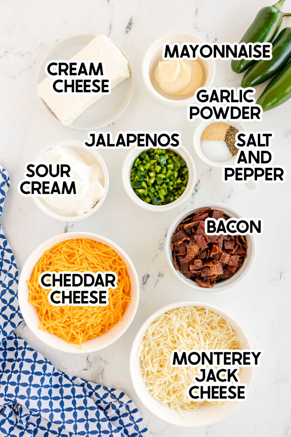 ingredients in a jalapeno popper dip with labels