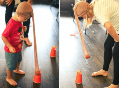 two pictures showing people playing an elephant march minute it win it game