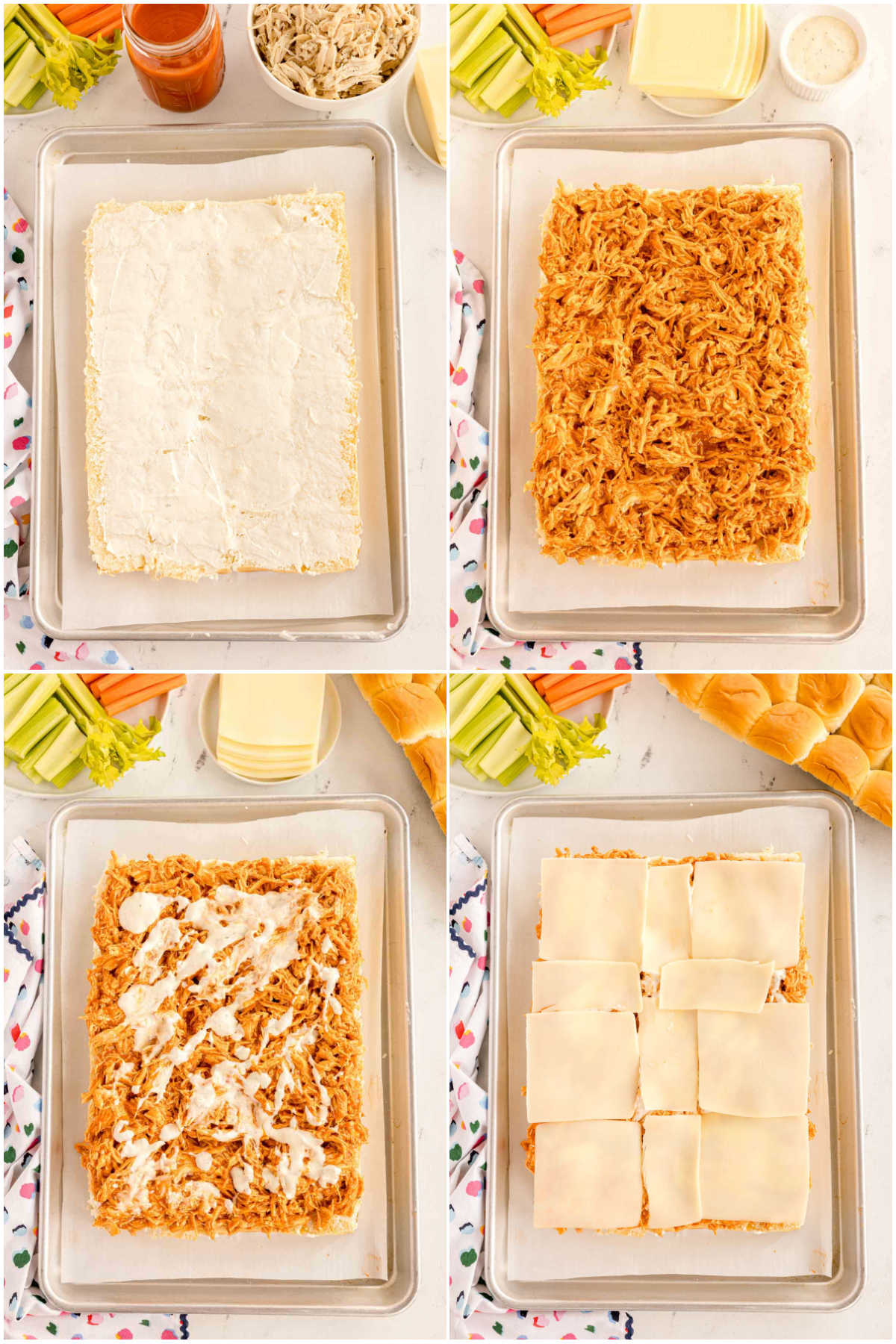 collage showing adding cream cheese, buffalo chicken, and ranch dressing to hawaiian rolls