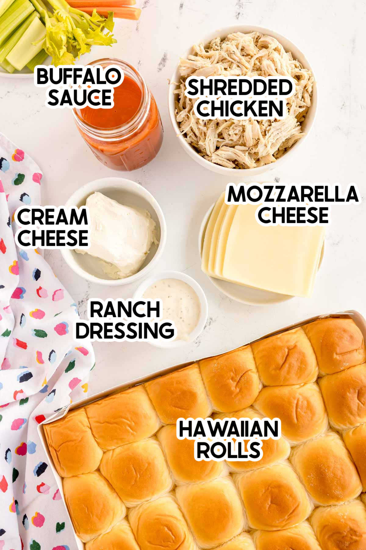 ingredients to make buffalo chicken sliders with labels