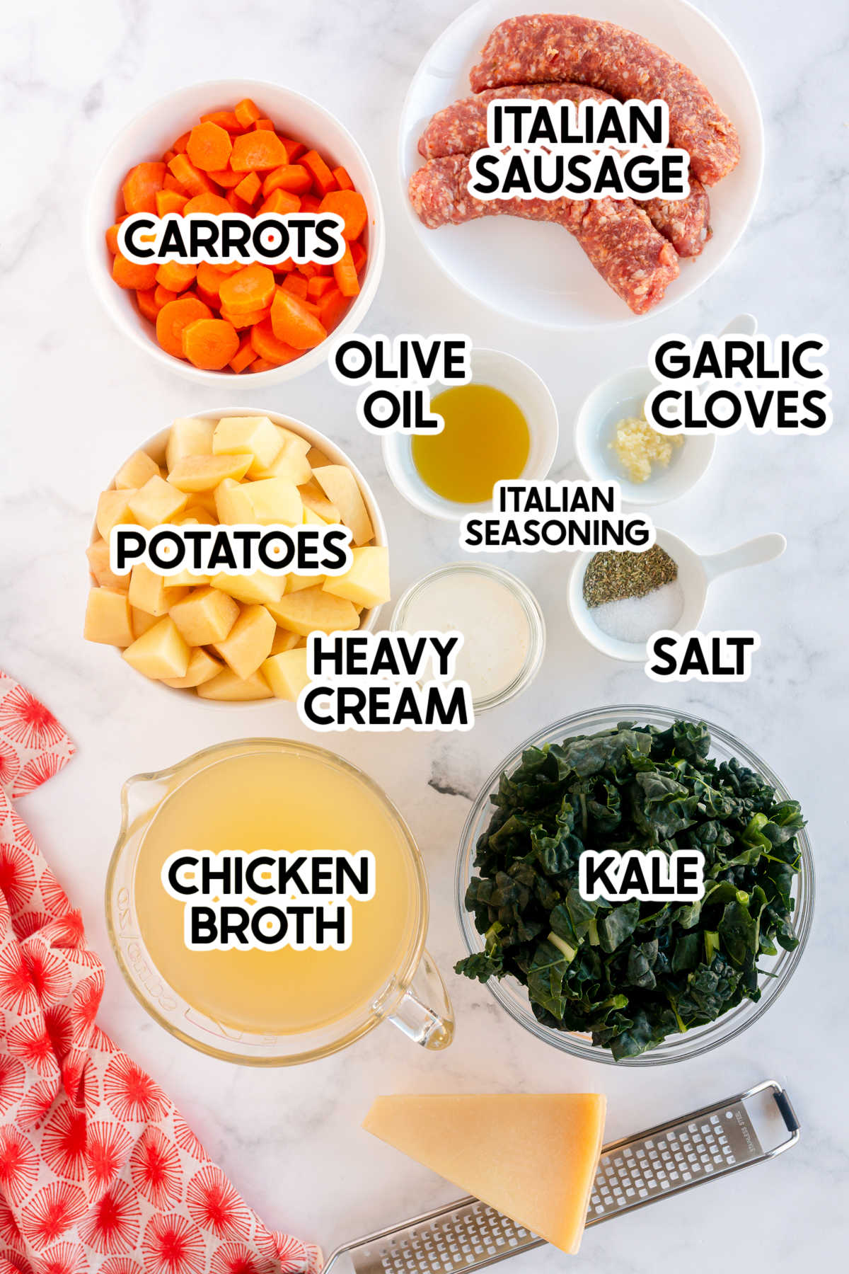 ingredients in zuppa toscana with labels