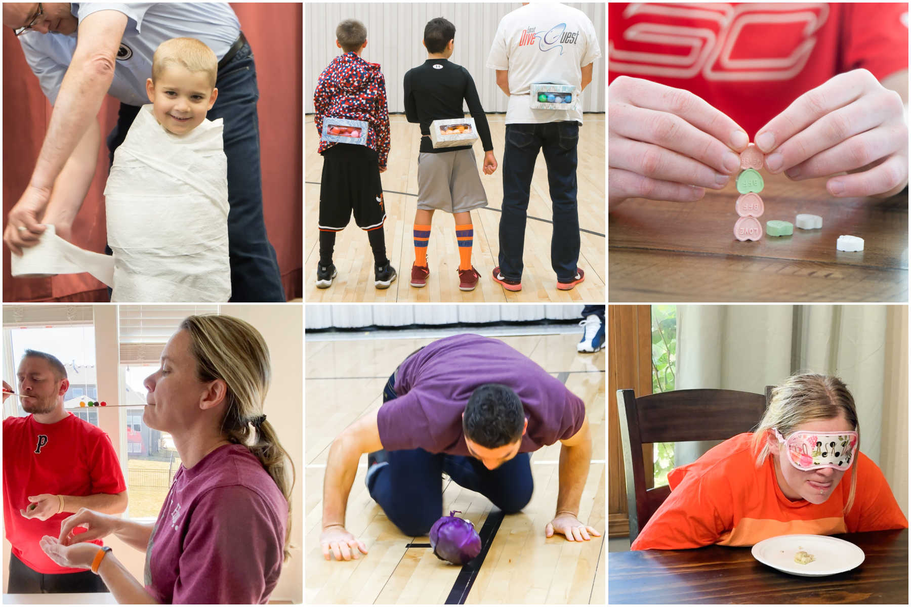 six images showing people playing minute to win it games