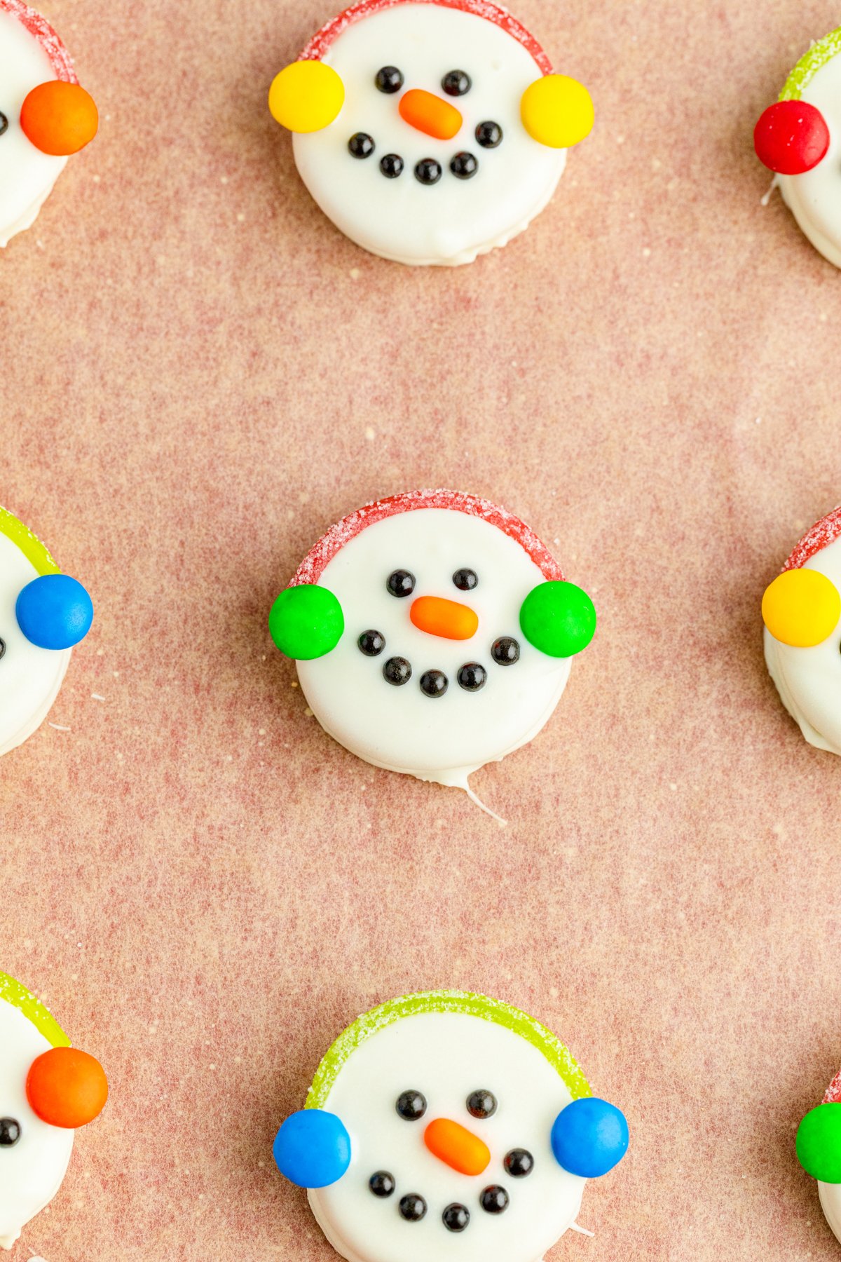 Oreos decorated to look like snowman cookies