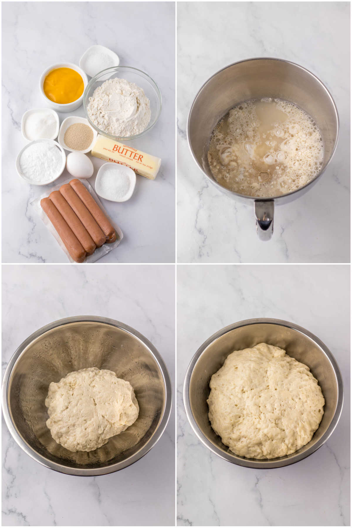 four images showing the process of making homemade pretzel dough