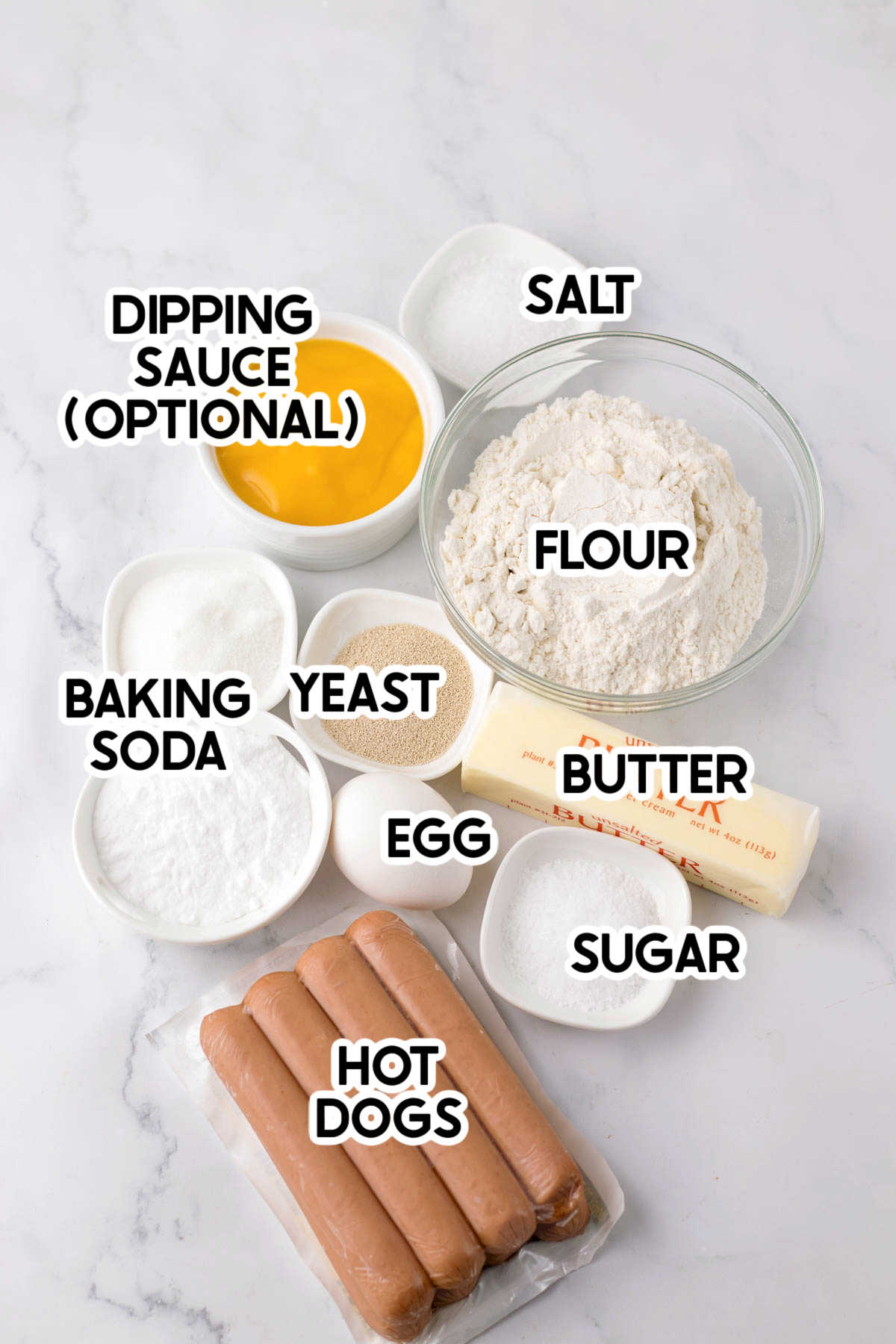 ingredients to make homemade pretzel dogs with labels