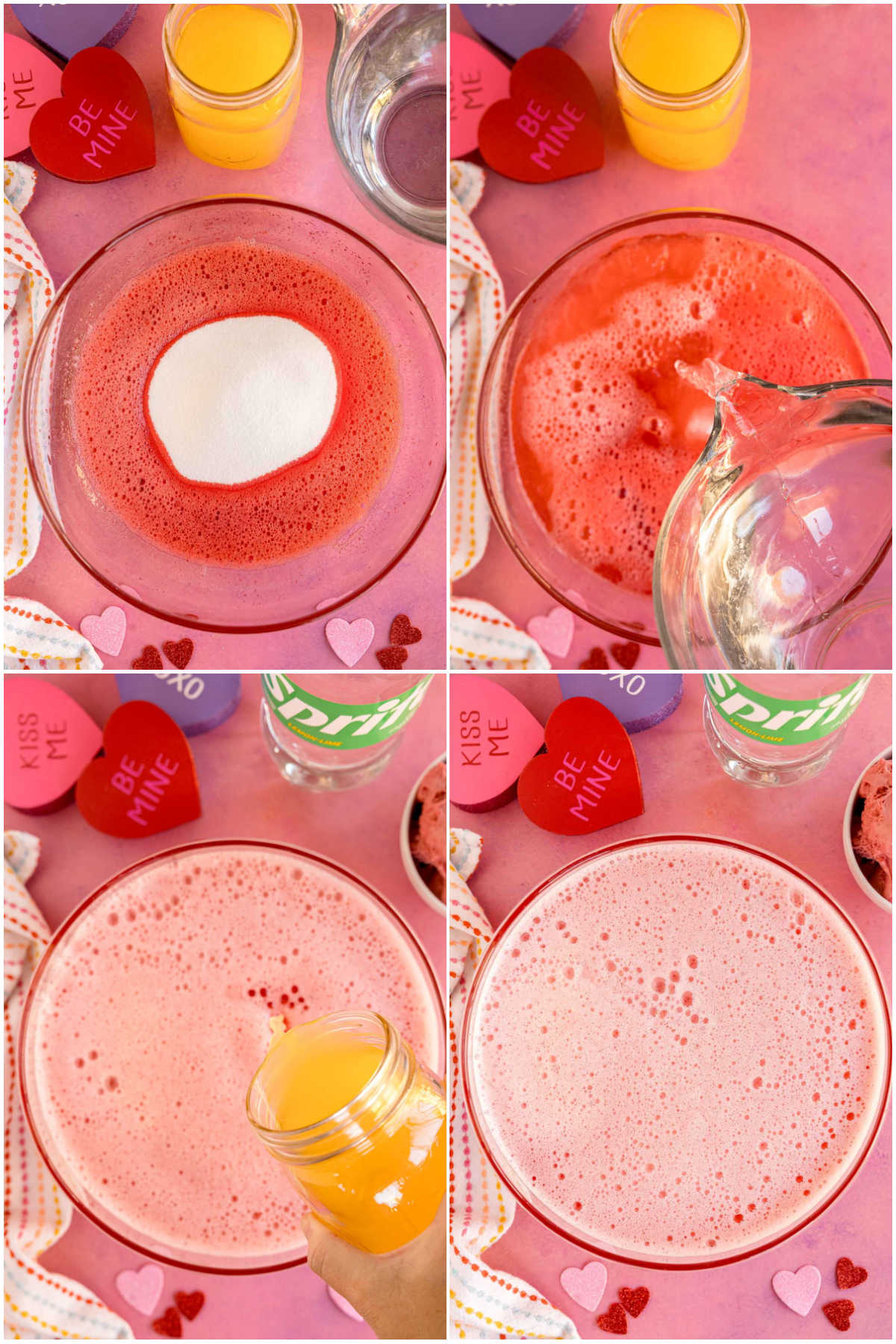 four images showing making a strawberry punch