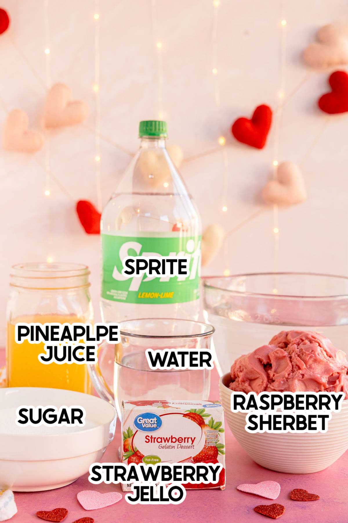 ingredients to make a strawberry punch with labels