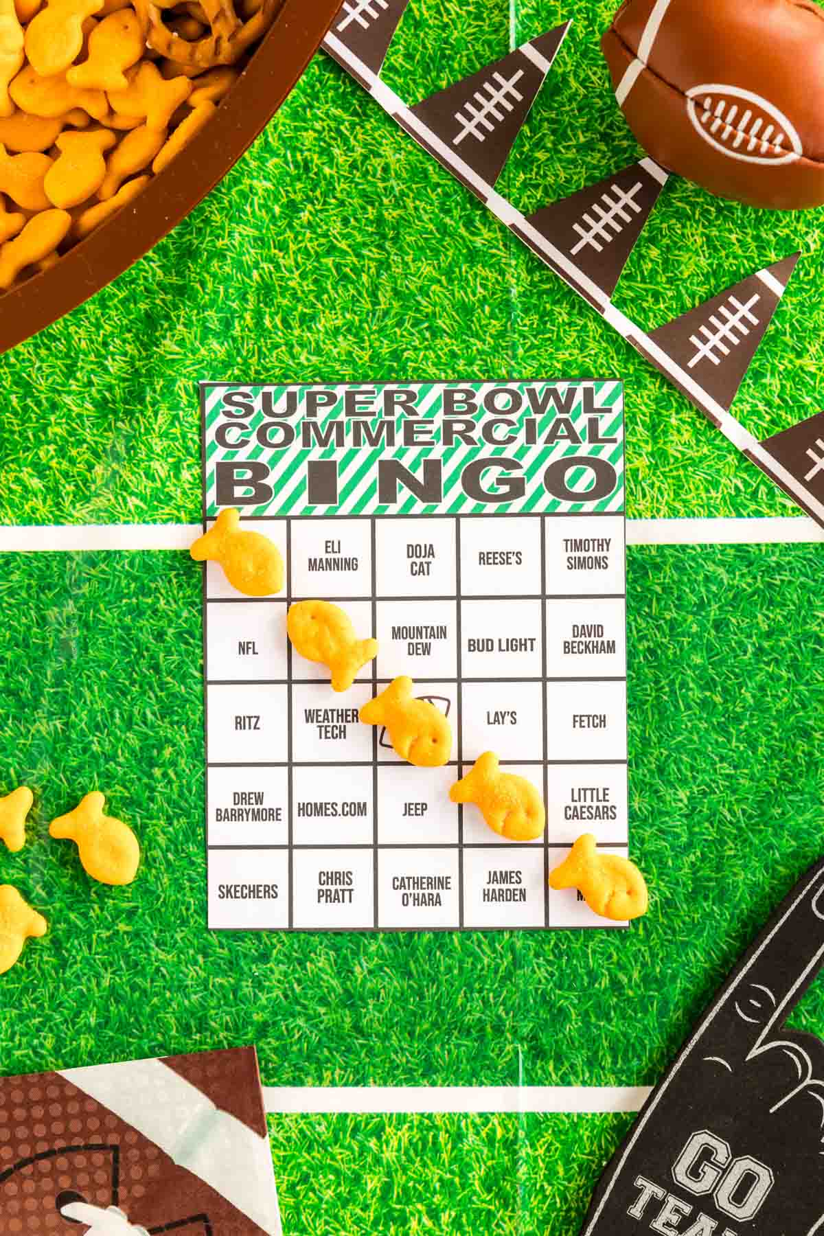 super bowl bingo card marked with a goldfish