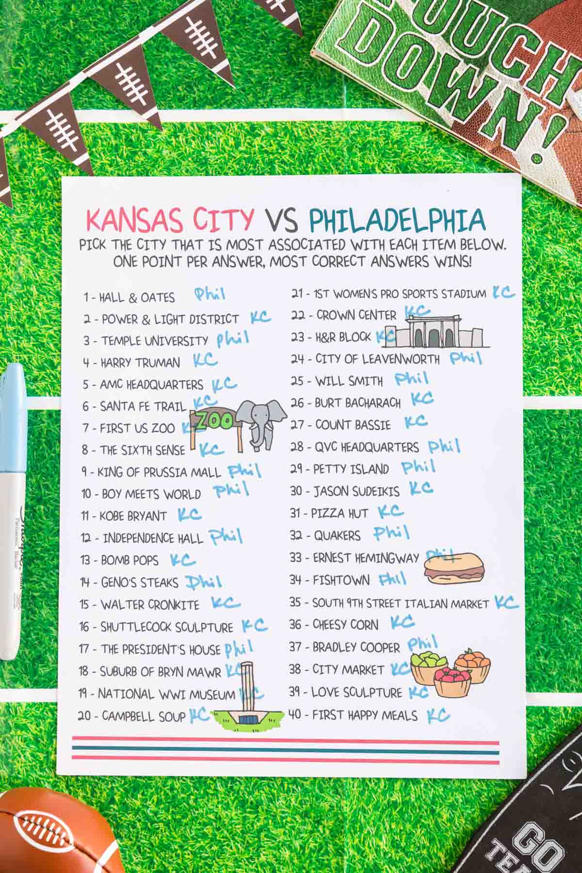 Super Bowl cities trivia game with answers written on it