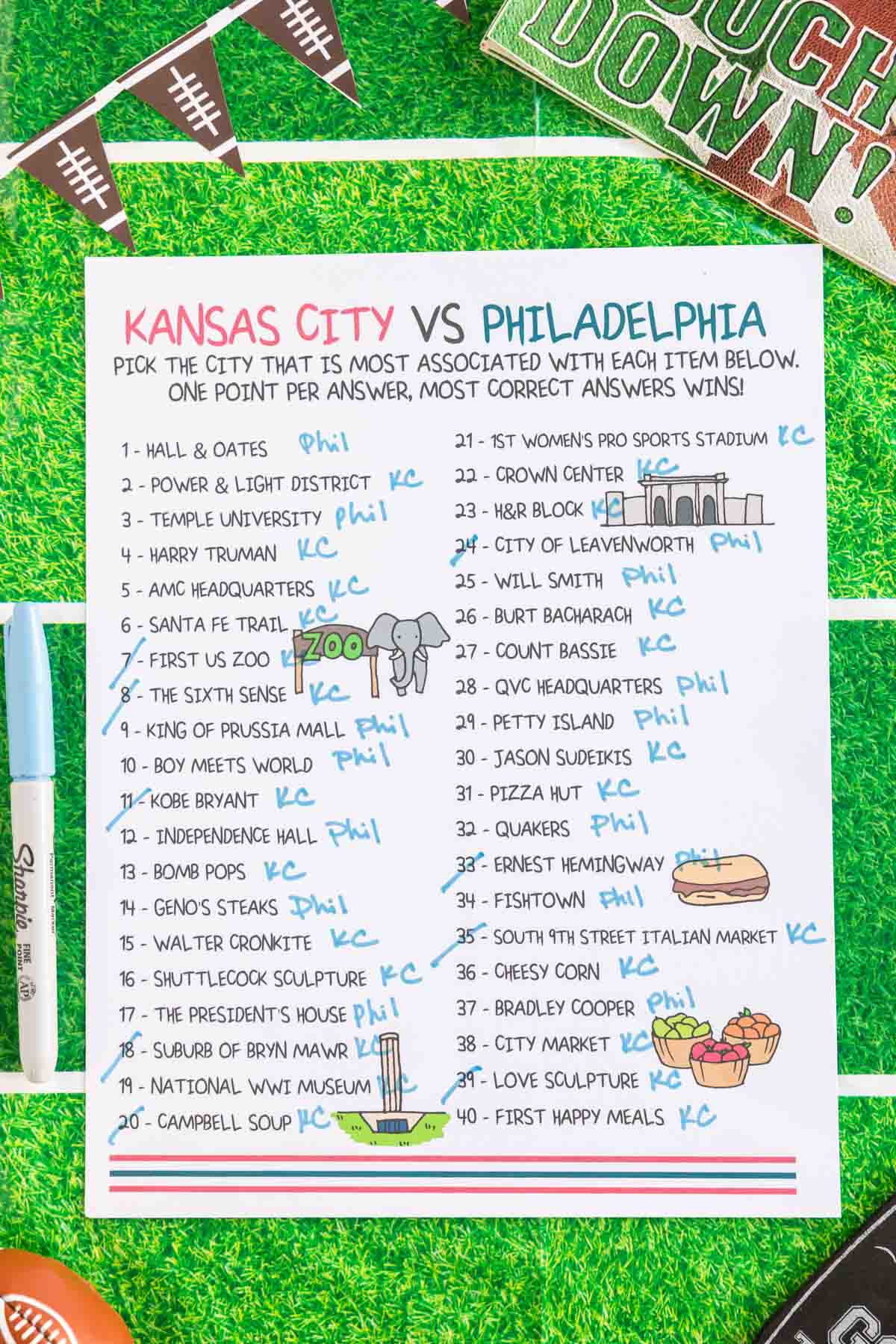 Super Bowl cities trivia game with answers marked off 