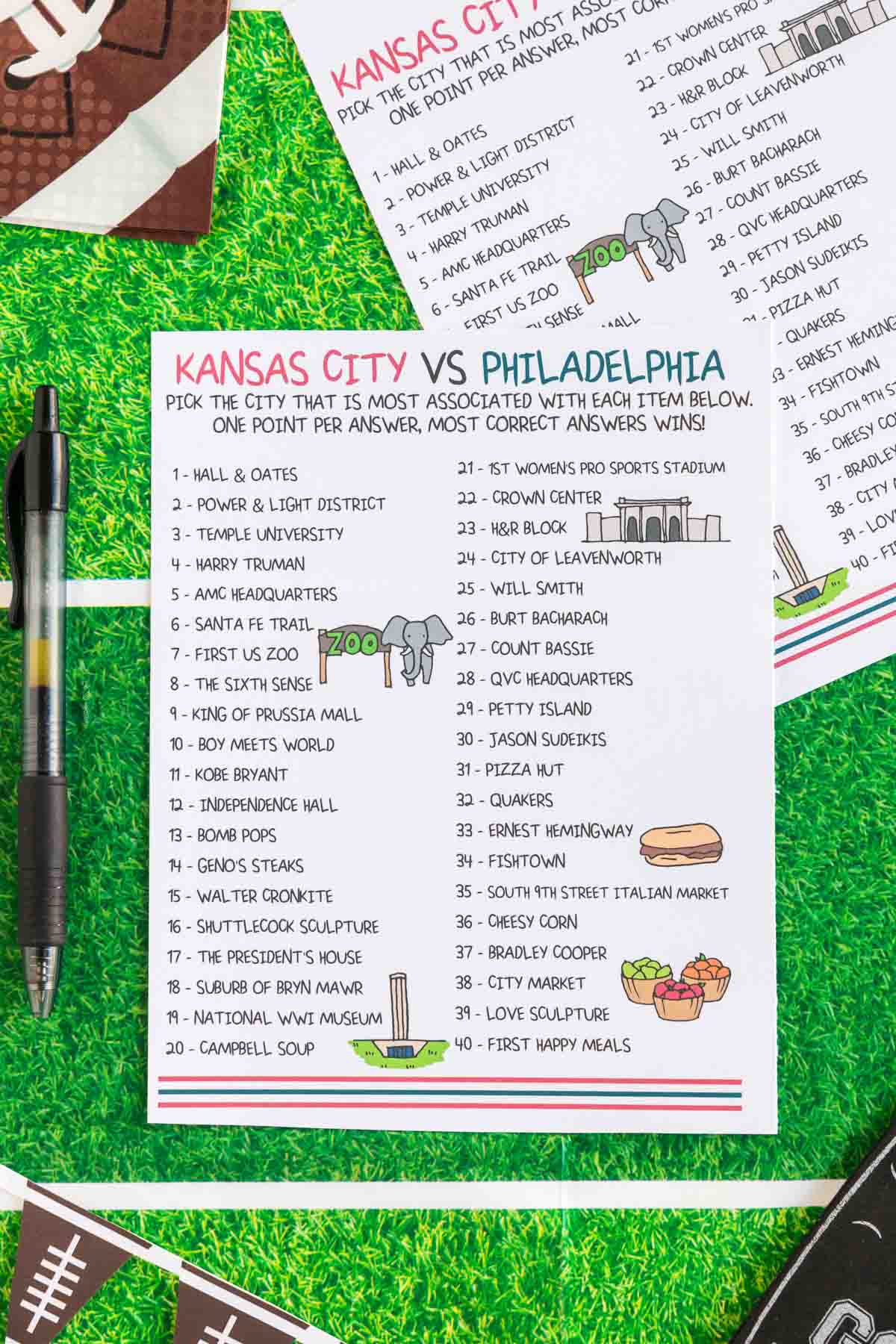 printed out Super Bowl party game all about the cities of the teams