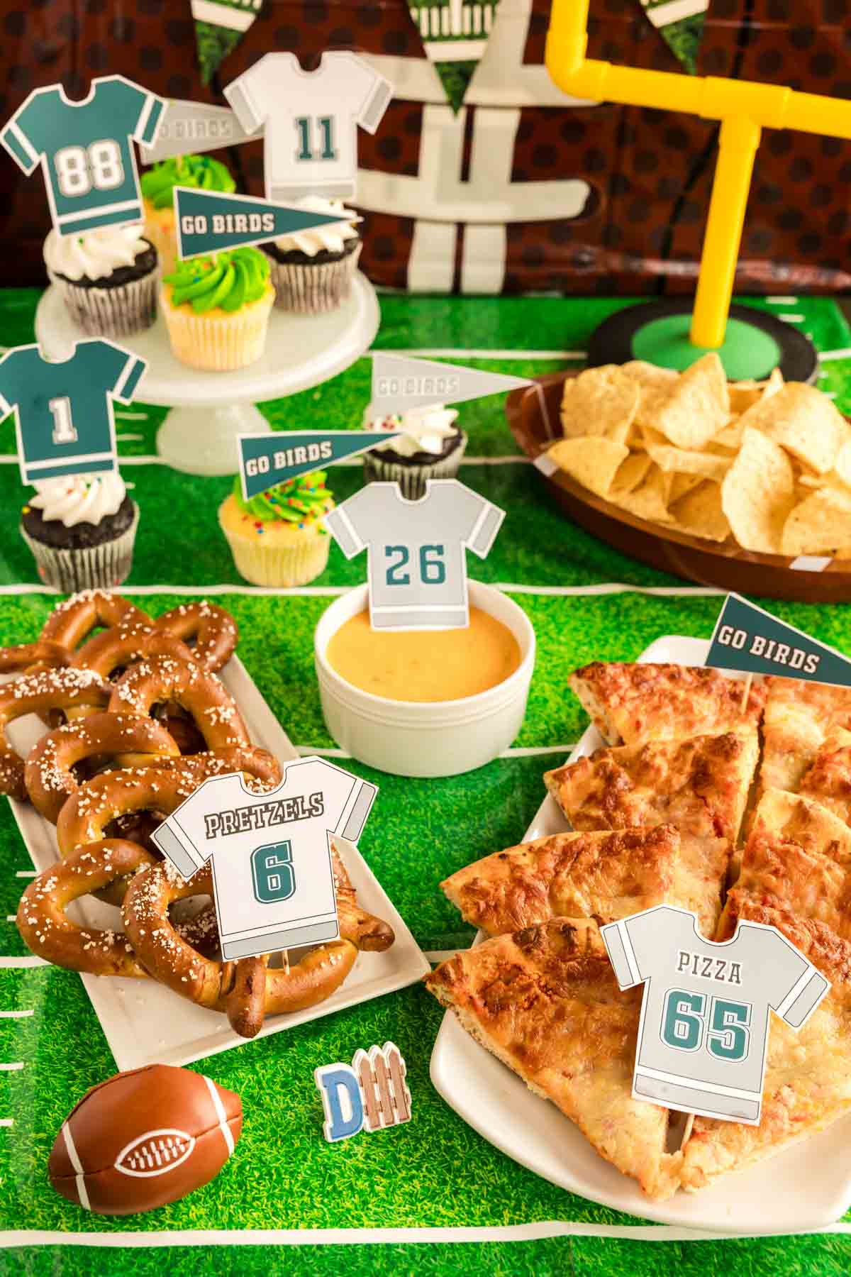 Super Bowl party spread with go birds flags 