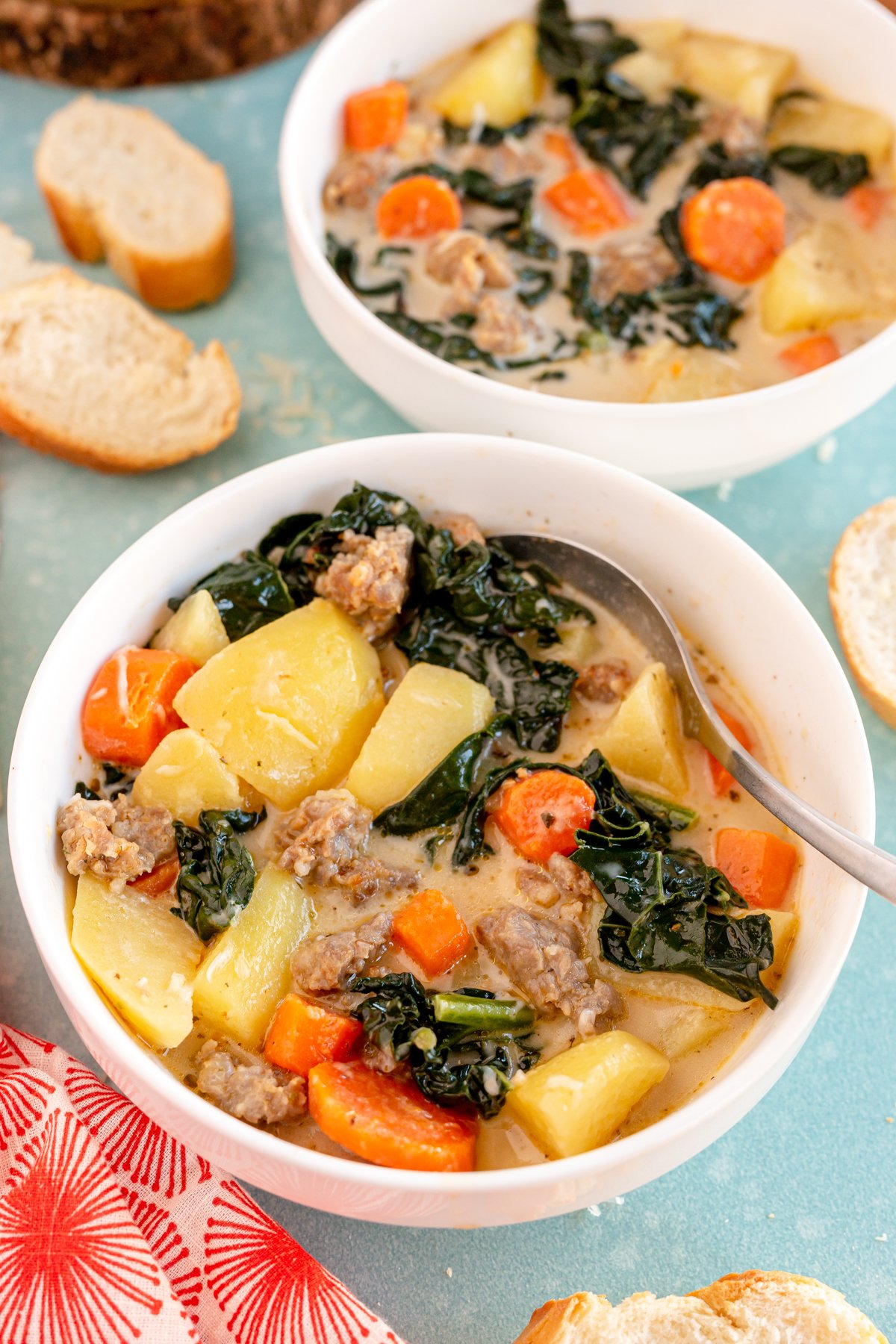 bowl of Whole 30 zuppa toscana with a spoon in it