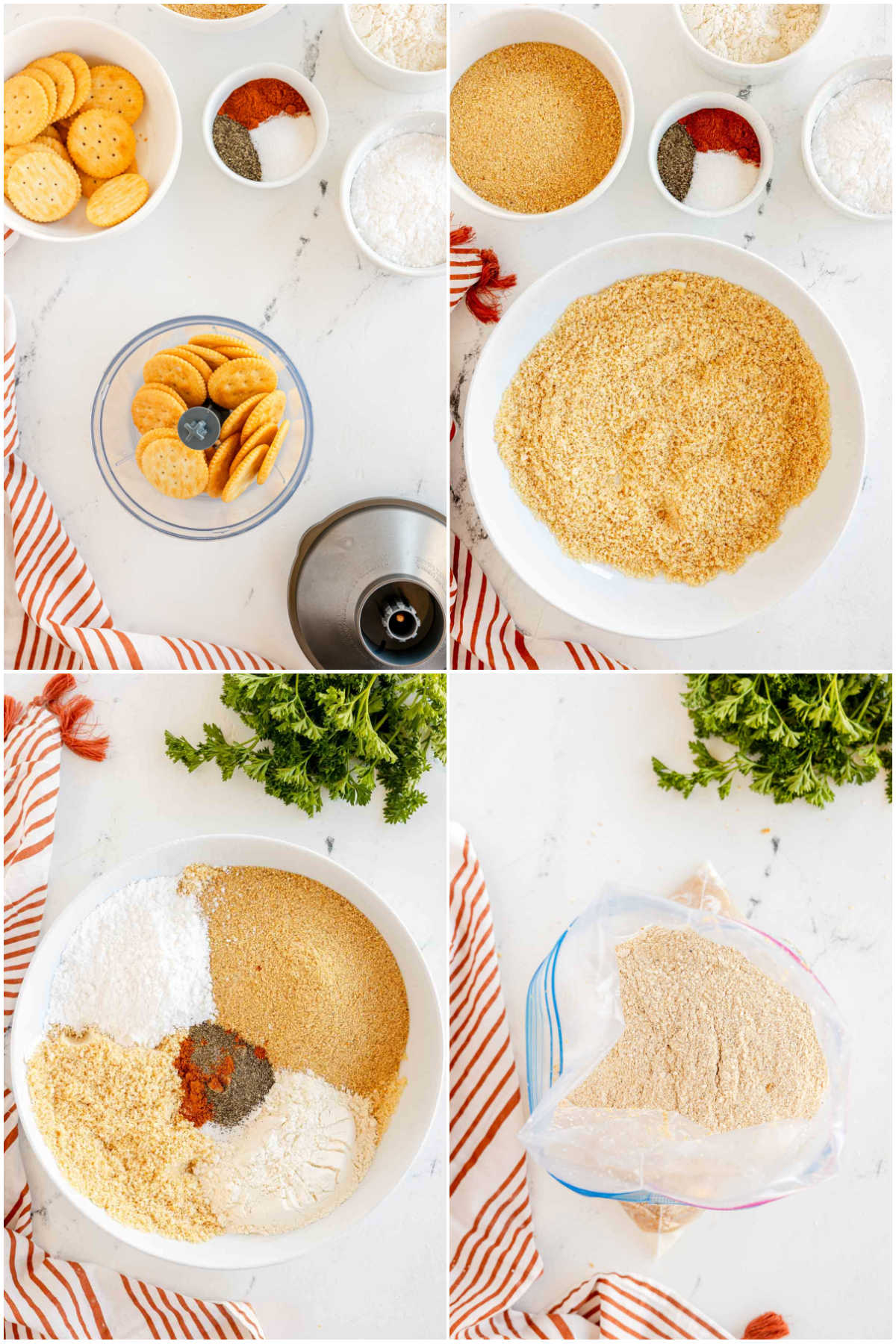 four images showing how to bread chicken nuggets