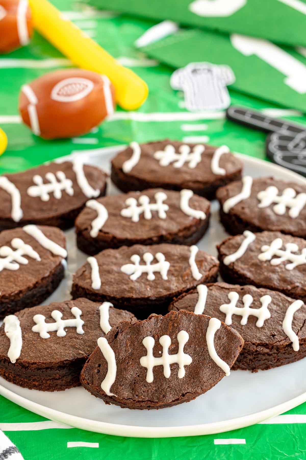 football brownies on a white plate