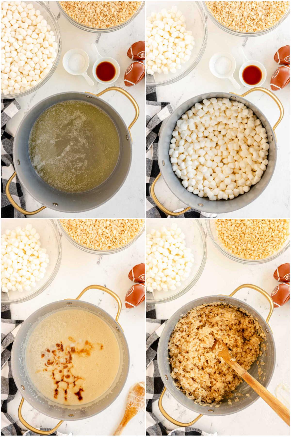 four images showing making rice krispy treats