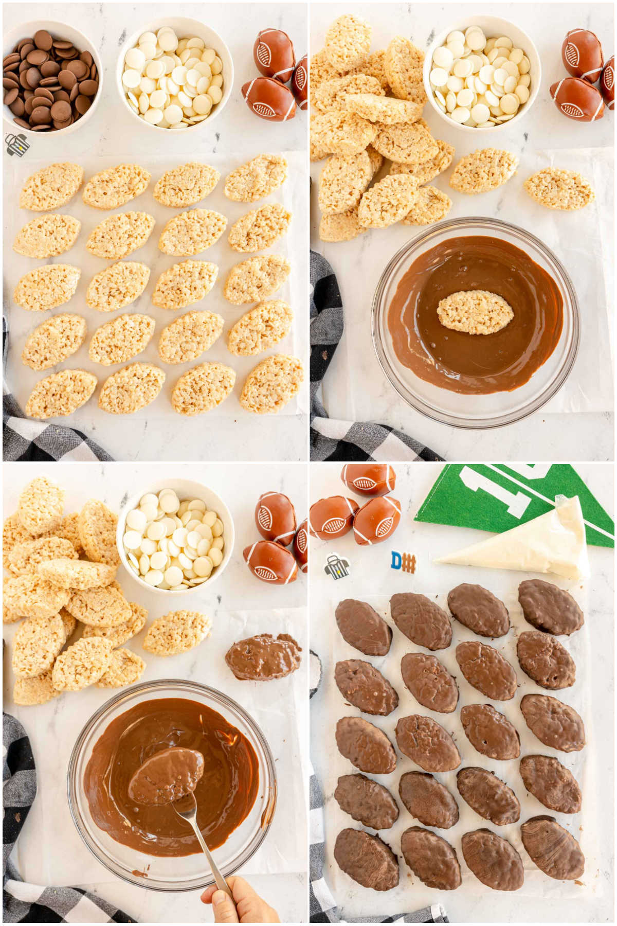 four images showing dipping rice krispy treats into chocolate