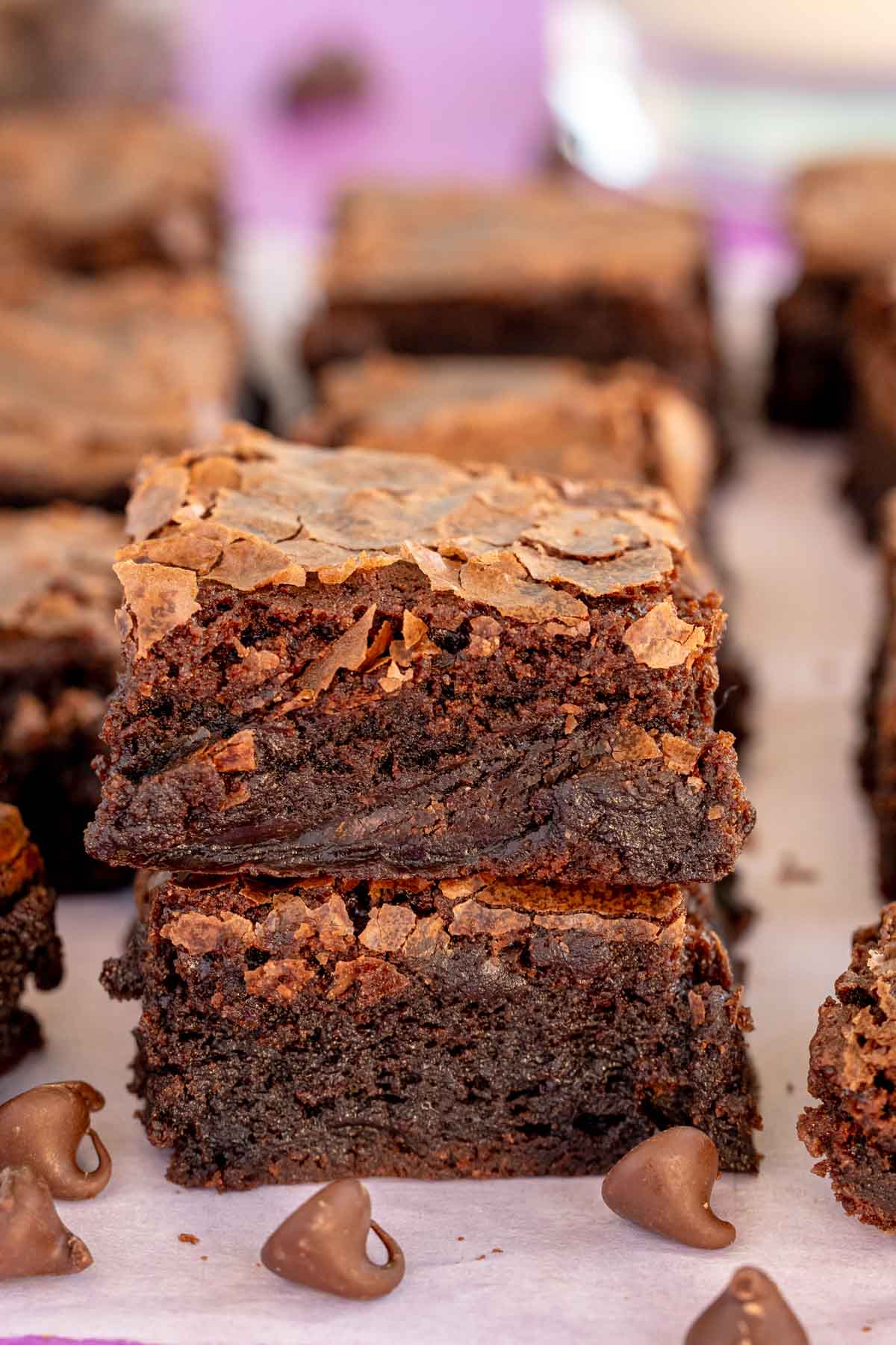 two homemade brownies stacked on top of each other