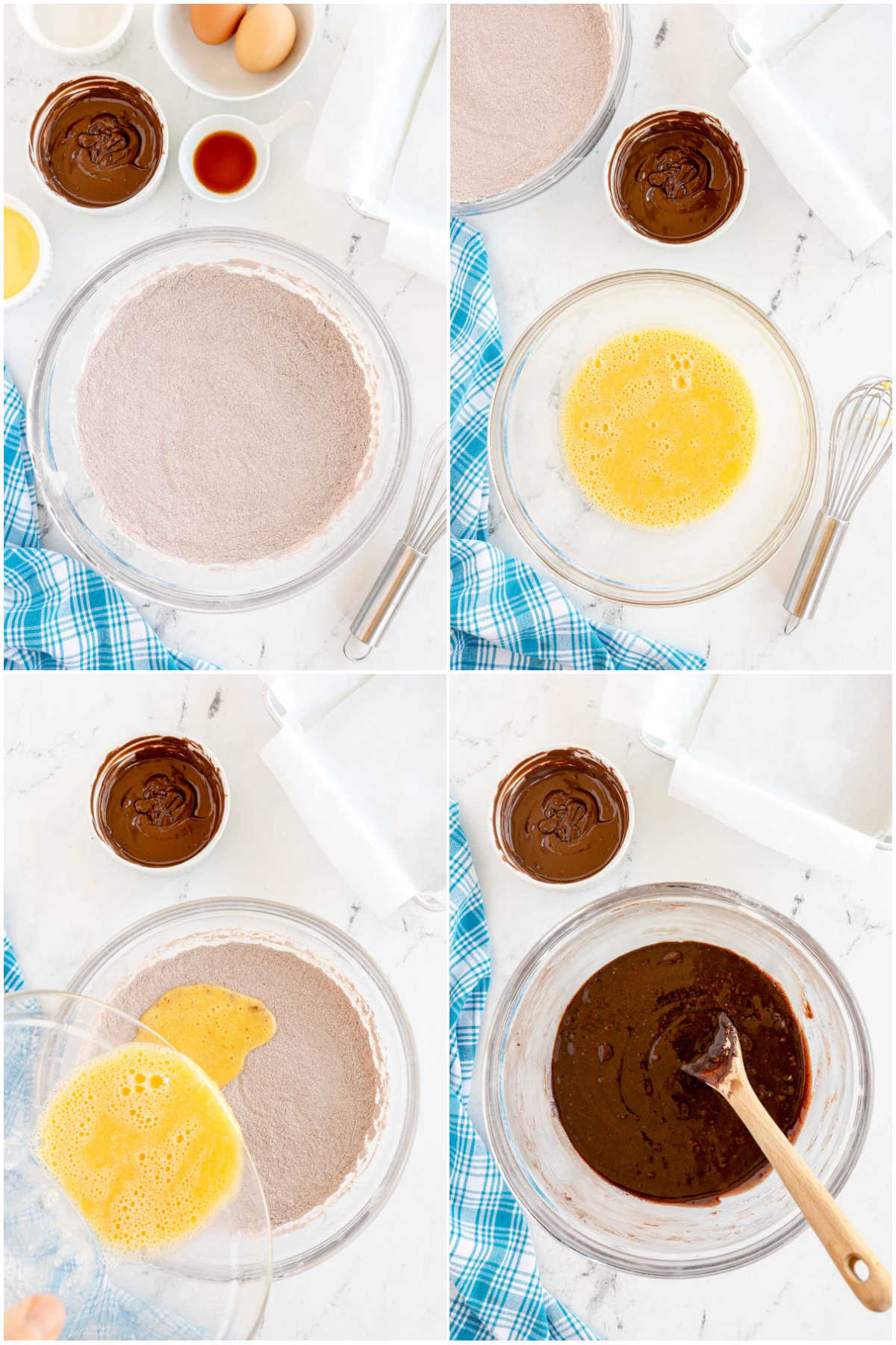 four images showing making brownie batter