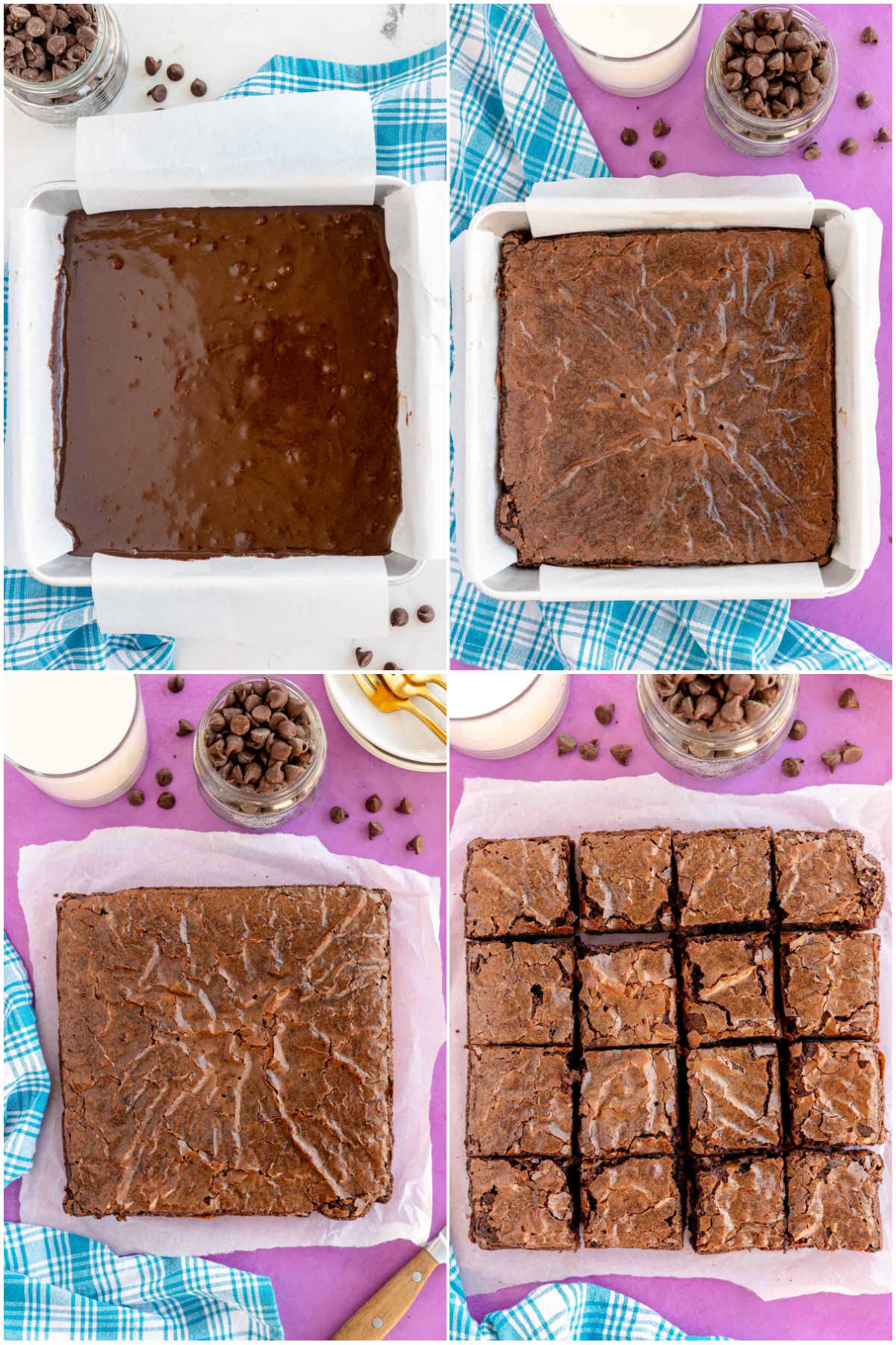 four images showing the process of baking homemade brownies