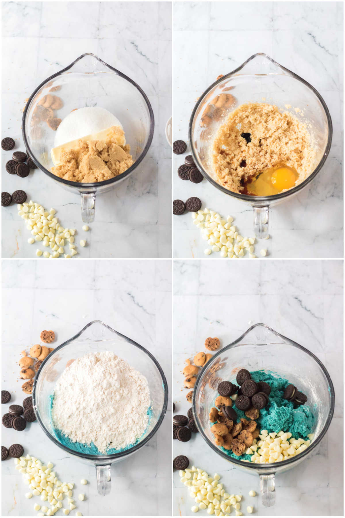 four images showing making cookie monster cookie dough