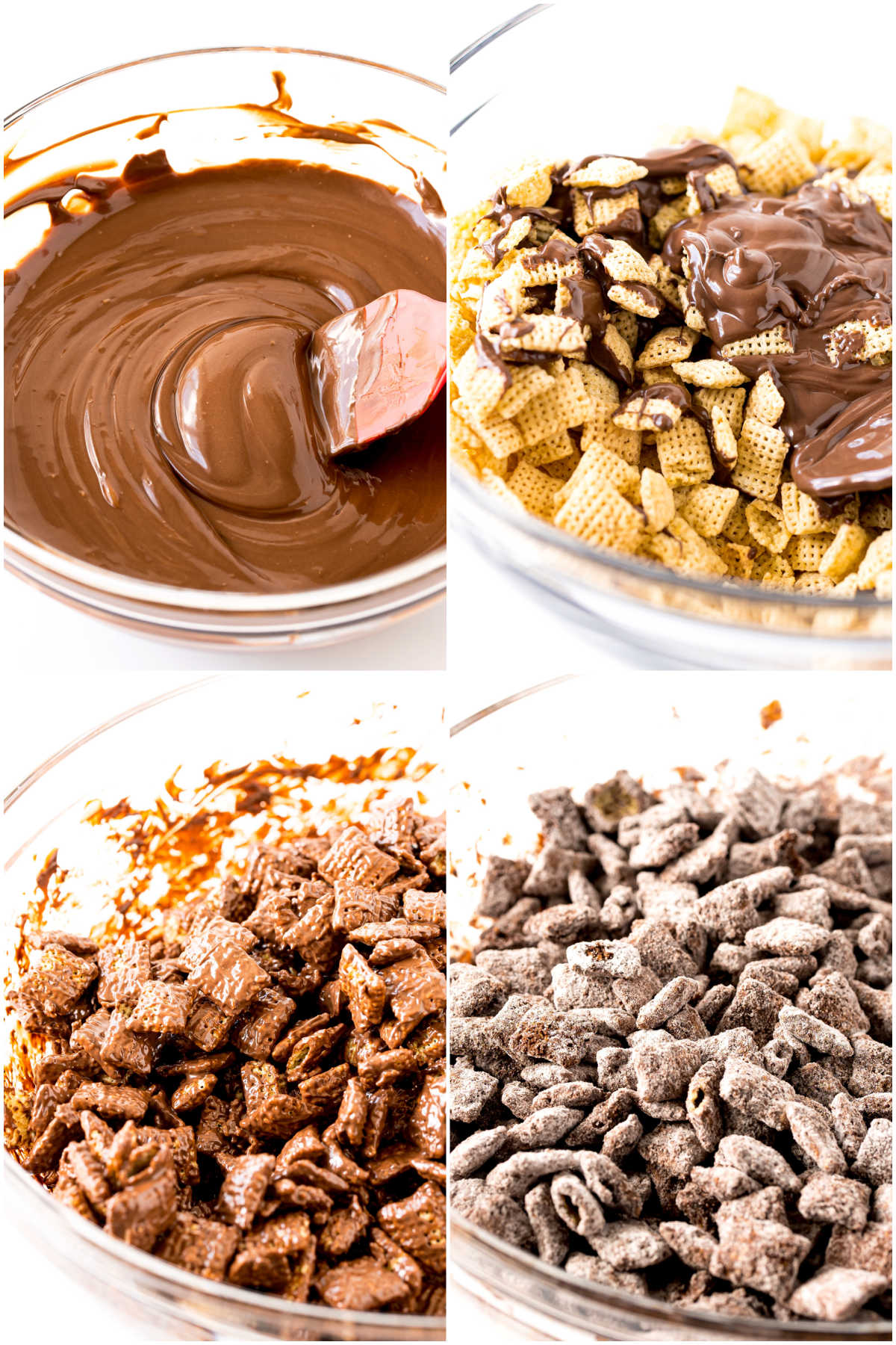 four images showing the step by step process of making muddy buddies