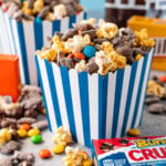 popcorn snack mix in a blue lined popcorn box